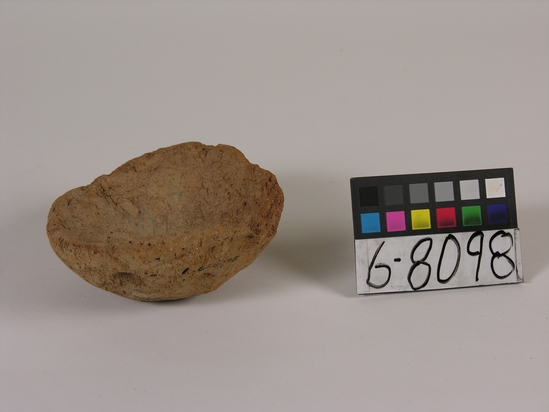 Hearst Museum object 1 of 26 titled Broken dish, accession number 6-8098, described as Pottery: rough brown dish, rim broken; diameter 11 cm., height 4cm.