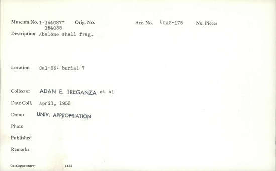 Documentation associated with Hearst Museum object titled Shell fragment, accession number 1-154087, described as Abalone. Notice: Image restricted due to its potentially sensitive nature. Contact Museum to request access.