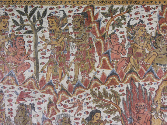 Hearst Museum object 2 of 2 titled Textile, accession number 18-1117, described as Painting on cloth representing episodes from a Brahmanic tale. Polychrome on white background; divinities Siva and Yama (lord of hell) at lower right. Made for sale; based on older traditional paintings made for house and temple decorations. 58 x 78.5 cm.