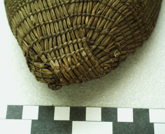 Hearst Museum object 2 of 4 titled Bag, accession number 2-4521, described as Basketry bag; twined, one row has crossed warps, conical; grass.