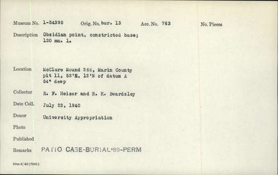 Documentation associated with Hearst Museum object titled Point, accession number 1-54395, described as Obsidian point, constricted base. Notice: Image restricted due to its potentially sensitive nature. Contact Museum to request access.