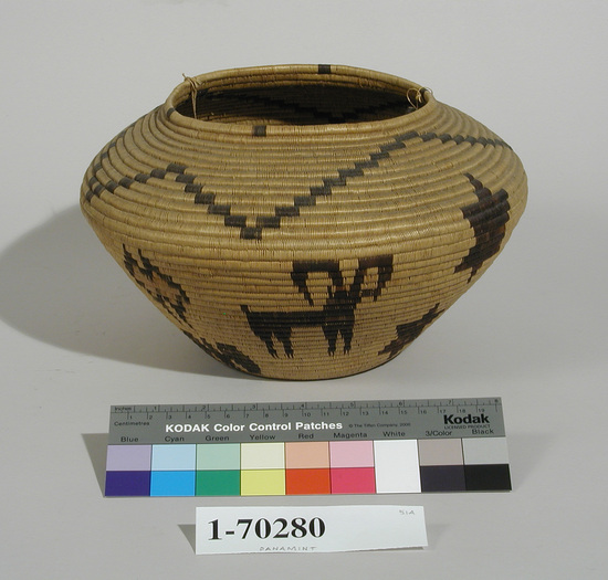 Hearst Museum object titled Bowl basket, accession number 1-70280, described as Coiled, shouldered bowl. Horses, mountain sheep and bats design.