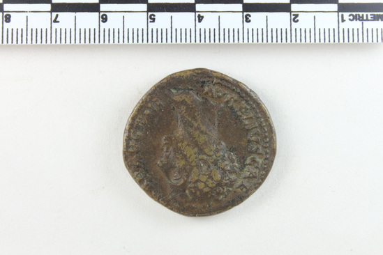 Hearst Museum object 10 of 14 titled Coin: æ sestertius, accession number 8-4887, described as Coin; AE; Sestertius; Roman. 22.80 grams, 32 mm. Marcus Aurelius, 148-149 AD. Rome, Italy. Obverse: AVRELIVS CAESAR AVG PII F, bust r. bare. Revere: TR POT III COS II, Pietas standing l., hand on head of small girl l.; in field, S C; in exergue, PIETAS. Remarks: Date is unlikely, falls during reign of Antoninus Pius.