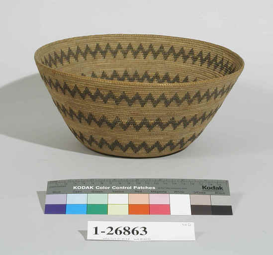 Hearst Museum object titled Bowl basket, accession number 1-26863, described as Coiled, flaring bowl with 3 encircling bands of black zigzag. Material from west of Sierra.