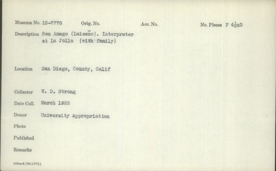 Documentation associated with Hearst Museum object titled Black-and-white negative, accession number 15-7778, described as Ben Amago, Interpreter, at La Jolla (with family)