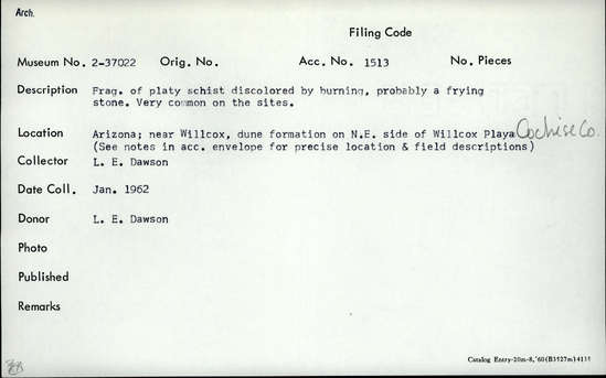 Documentation associated with Hearst Museum object titled Stone slab, accession number 2-37022, described as Platy schist discolored by burning; fragment, probably a frying stone, very common to the sites