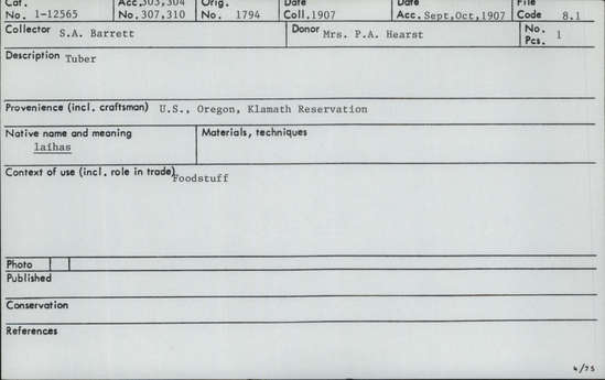 Documentation associated with Hearst Museum object titled Tuber, accession number 1-12565, described as (Laihas)