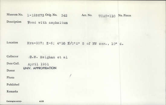 Documentation associated with Hearst Museum object titled Wood, accession number 1-128673, described as Wood with asphaltum. Notice: Image restricted due to its potentially sensitive nature. Contact Museum to request access.