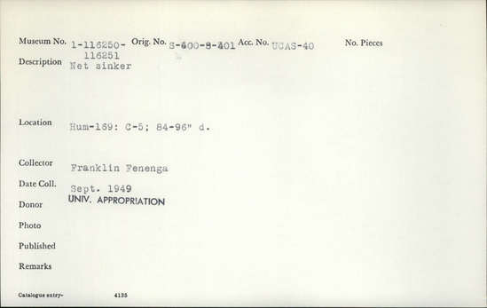 Documentation associated with Hearst Museum object titled Sinker (fishing), accession number 1-116250, described as Net