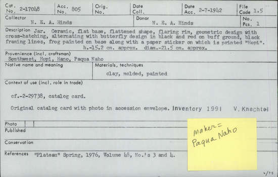 Documentation associated with Hearst Museum object titled Jar, accession number 2-17048, described as Ceramic, flat base, flattened shape, flaring rim, geometric design with cross-hatching, alternating with butterfly design in black and red on buff ground, black framing lines, frog painted on base along with a paper sticker on which is printed "Hopi". Molded and painted.