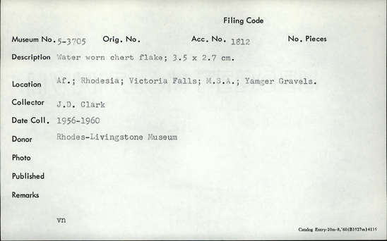 Documentation associated with Hearst Museum object titled Flake, accession number 5-3705, described as Water worn chert flake