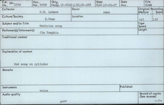 Documentation associated with Hearst Museum object titled Audio recording, accession number 24-2700, described as Medicine Song