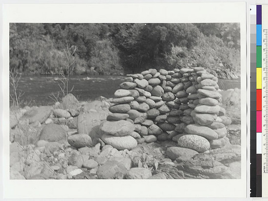 Hearst Museum object titled Black-and-white negative, accession number 15-13974, described as Rock piles for pikiavish ceremony