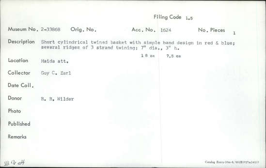 Documentation associated with Hearst Museum object titled Basket, accession number 2-33868, described as Short, cylindrical twined basket with simple band design in red and blue; several ridges of 3-strand twining.