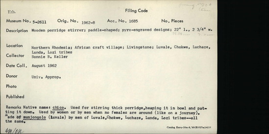 Documentation associated with Hearst Museum object titled Stirrer, accession number 5-2611, described as stirring paddle