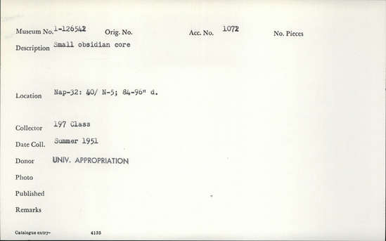 Documentation associated with Hearst Museum object titled Core, accession number 1-126542, described as Obsidian core, small.