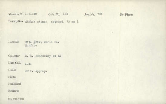 Documentation associated with Hearst Museum object titled Sinker stone, accession number 1-61250, described as sinker stone: notched, 73mm l.