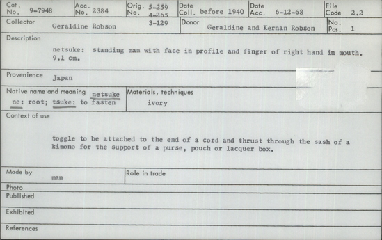 Documentation associated with Hearst Museum object titled Netsuke, accession number 9-7948, described as netsuke: standing man with face in profile and finger of right hand in mouth. 9.1 cm.