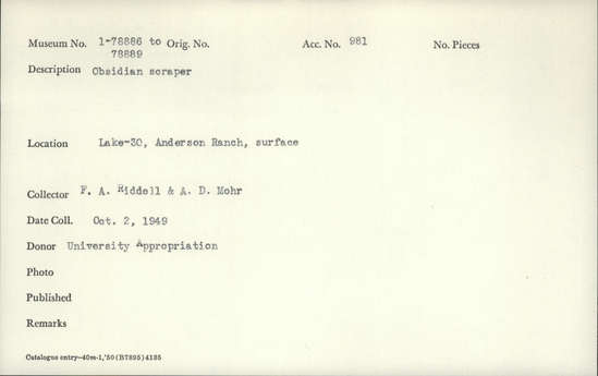 Documentation associated with Hearst Museum object titled Scraper, accession number 1-78886, described as Obsidian.