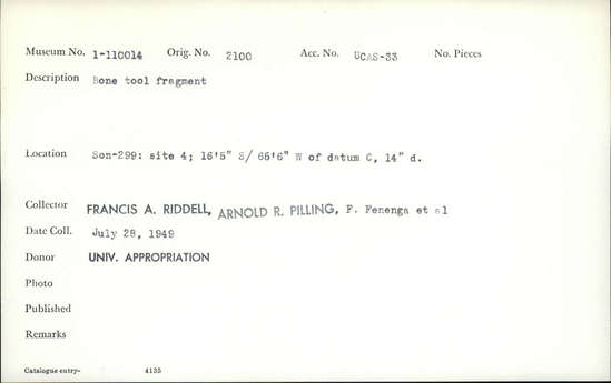 Documentation associated with Hearst Museum object titled Worked bone, accession number 1-110014, described as Bone.