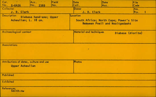 Documentation associated with Hearst Museum object titled Handaxe, accession number 5-6426, described as Diabase hand-axe; Upper Acheulian