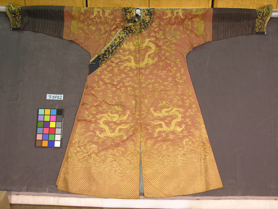 Hearst Museum object titled Robe, accession number 9-5452, described as Robe; silk, gilt paper; plain weave; embroidered; brown ground, gold dragon, other designs; blue lining. 56 inches long, 28  1/2 inch sleeves.