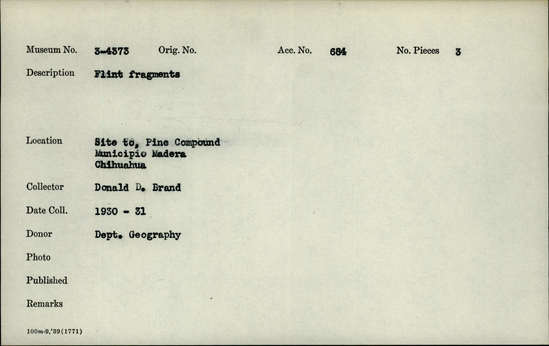 Documentation associated with Hearst Museum object titled Flake, accession number 3-4373, described as Flint fragments