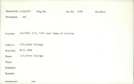 Documentation associated with Hearst Museum object titled Awl, accession number 1-142627, described as Awl.