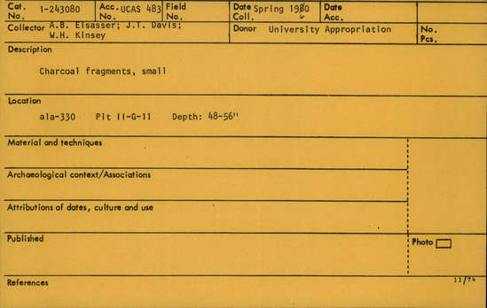 Documentation associated with Hearst Museum object titled Charcoal sample, accession number 1-243080, described as Small charcoal fragments, one bag.