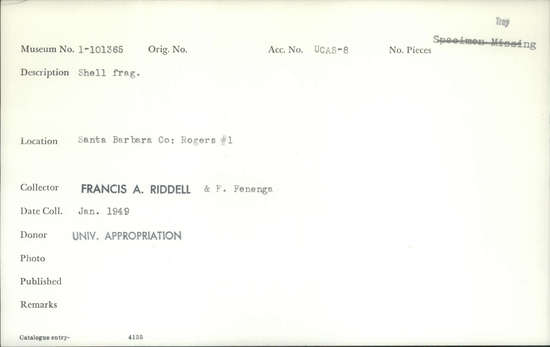 Documentation associated with Hearst Museum object titled Shell fragment, accession number 1-101365, described as Shell fragment