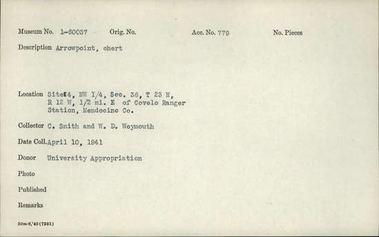 Documentation associated with Hearst Museum object titled Projectile point, accession number 1-60037, described as chert arrowpoint