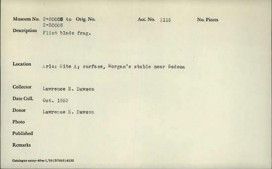 Documentation associated with Hearst Museum object titled Blade, accession number 2-30008, described as flint blade fragment.