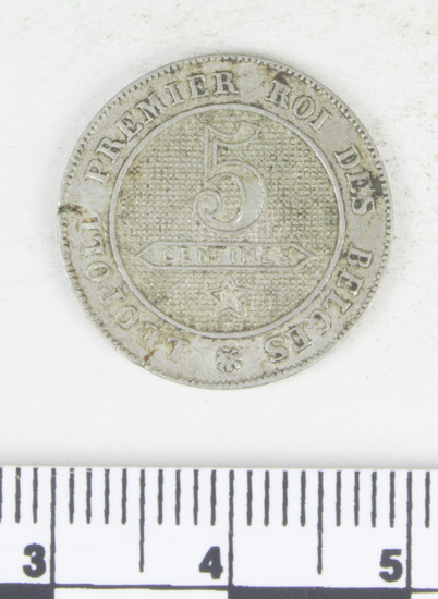 Hearst Museum object 4 of 4 titled Coin, accession number 7-6169, described as Belgium coin, nickel, five centimes, obverse lion rampant center, ringed by inscription "L'UNION FAIT LA FORCE", below 1862, reverse "5 CENTIMES" center, ringed by inscription "LEOPOLD PREMIER ROI DES BELGES", date 1861-1864.