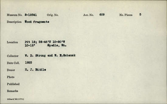 Documentation associated with Hearst Museum object titled Wood fragments, accession number 2-12541, described as Wood fragments