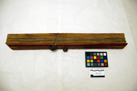 Hearst Museum object titled Wood painting, accession number 18-81, described as Lontar palm leaf book; red border on cover; tied through center with strings and coins. Written in Kawi (ancient Javan-sanskrit) language. Length 17 inches. Width 1 1/2 inches.