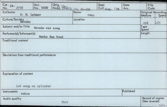 Documentation associated with Hearst Museum object titled Audio recording, accession number 24-2758, described as Navajo War Song