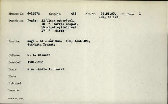 Documentation associated with Hearst Museum object titled Beads, accession number 6-13572, described as Beads: 22 black spherical, 18 black barrel shaped, 15 mixed cylindrical, 17 mixed discs, original object count: 72? piece count: 60+.