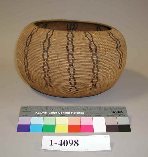 Hearst Museum object titled Basket, accession number 1-4098, described as Basket; coiled. Warp is grass, weft is Redbud (Cercis occidentalis). Black pattern is Brake fern (Pteris quilina). With incurving top.  This is a treasure basket.  Decoration: vertical diamond and zigzag patterns outlined in black. Made of maple and Pteridium; 3-rod coiling, with interlocking stitches.