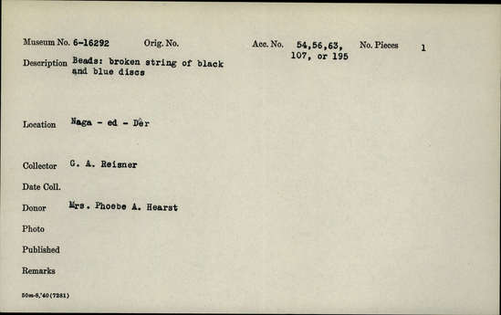 Documentation associated with Hearst Museum object titled Beads, accession number 6-16292, described as Beads: broken string of black and blue discs.