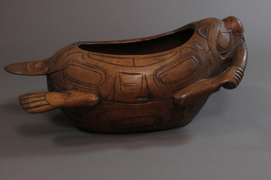 Hearst Museum object 7 of 9 titled Bowl, accession number 2-19087, described as Carved, wooden, in form of beaver, abalone inlay, yellow cedar.