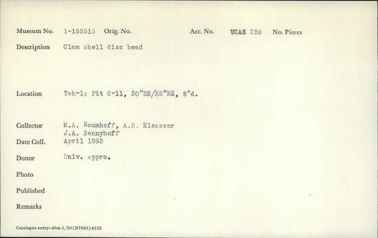 Documentation associated with Hearst Museum object titled Bead, accession number 1-155515, described as Clam shell disc.