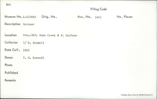 Documentation associated with Hearst Museum object titled Scraper, accession number 1-223842, described as Scraper.