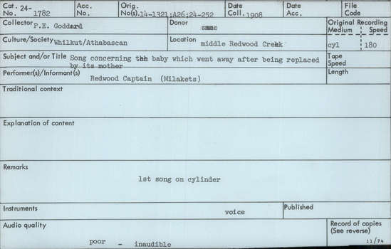 Documentation associated with Hearst Museum object titled Audio recording, accession number 24-1782, described as Song Concerning the Baby that Went Away After Being Replaced by its Mother