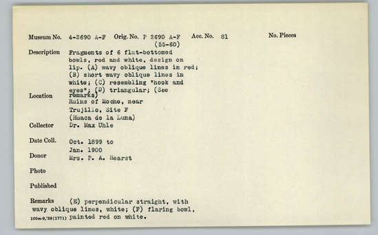 Documentation associated with Hearst Museum object titled Broken bowl, accession number 4-2690c, described as Bowls: Sherds