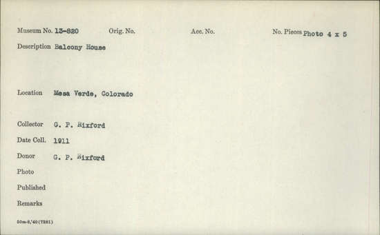 Documentation associated with Hearst Museum object titled Photograph, accession number 13-820, described as Balcony House