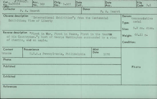Documentation associated with Hearst Museum object titled Medal, accession number 2-34054, described as Commemorative medal; “International Exhibition”; from the Centennial Exhibition, View of Liberty Reverse description: “First in War, First in Peace, First in the Hearts of his Countrymen.”; bust of George Washington surrounded by a rind of cherubs, and an eagle Bronze; 66.11 grams