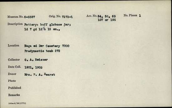 Documentation associated with Hearst Museum object titled Jar, accession number 6-3387, described as pottery: buff globose jar ld 7 cm, gd 13.5 cm, height 15 cm