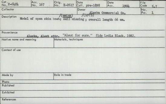 Documentation associated with Hearst Museum object titled Boat model, accession number 2-6424a,b, described as Model of open skin boat (umiak). Sail missing (1975). wooden frame covered with skin; bow characteristic of Pacific Eskimo; fabric sail, sewn from three pieces attached to two wooden mast poles.