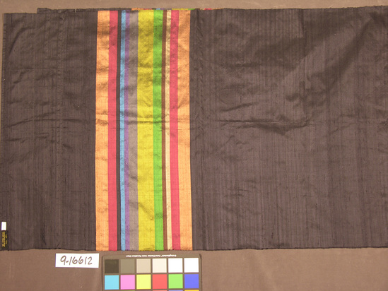 Hearst Museum object titled Shawl, accession number 9-16612, described as Shawl; black silk with polychrome bands each end; 72.5 x 240.5 cm