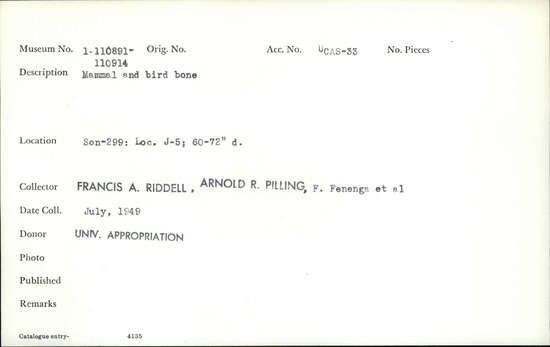 Documentation associated with Hearst Museum object titled Faunal remains, accession number 1-110908, described as Mammal and bird.